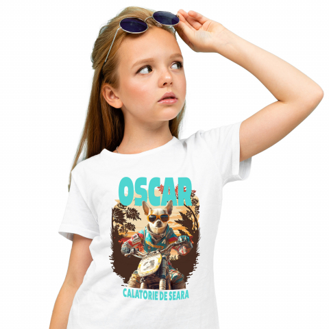 Tricou Copii cu Animal Pe Motocicleta, Enduro, Motocross, Peronalizata cu Numele si Poza Animalului Tau cu imprimeu pe Fata, 100% Bumbac, Alb, 4 Ani [1]