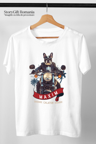 Tricou Copii cu Animal Pe Motocicleta in Costum, Peronalizata cu Numele si Poza Animalului Tau cu imprimeu pe Fata, 100% Bumbac, Alb, 8 Ani [2]