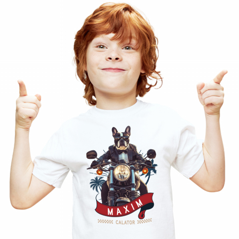 Tricouri - Tricou Copii cu Animal Pe Motocicleta in Costum, Peronalizata cu Numele si Poza Animalului Tau cu imprimeu pe Fata, 100% Bumbac, Alb, 8 Ani