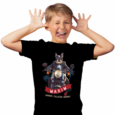 Personalizate cu Animalul Tau - Tricou Copii cu Animal Pe Motocicleta in Costum, Peronalizata cu Numele si Poza Animalului Tau cu imprimeu pe Fata, 100% Bumbac, Negru, 4 Ani