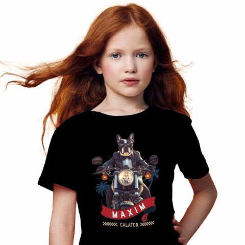 Tricou Copii cu Animal Pe Motocicleta in Costum, Peronalizata cu Numele si Poza Animalului Tau cu imprimeu pe Fata, 100% Bumbac, Negru, 10 Ani [1]