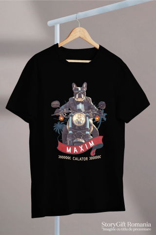 Tricou Copii cu Animal Pe Motocicleta in Costum, Peronalizata cu Numele si Poza Animalului Tau cu imprimeu pe Fata, 100% Bumbac, Negru, 10 Ani [2]