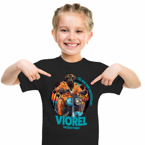 Personalizate cu Animalul Tau - Tricou Copii cu Animal Pe Motocicleta, La Apus cu Palmieri, Peronalizata cu Numele si Poza Animalului Tau cu imprimeu pe Fata, 100% Bumbac, Negru, 4 Ani