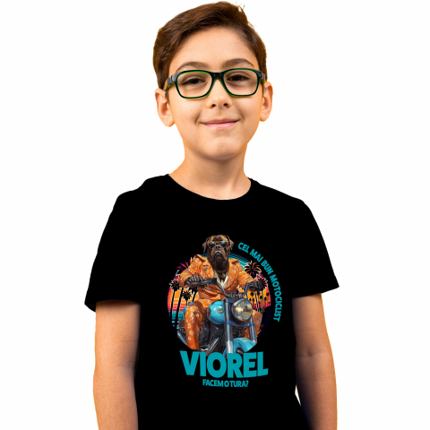 Tricou Copii cu Animal Pe Motocicleta, La Apus cu Palmieri, Peronalizata cu Numele si Poza Animalului Tau cu imprimeu pe Fata, 100% Bumbac, Negru, 10 Ani [1]