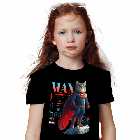 Personalizate cu Animalul Tau - Tricou Copii cu Animal SuperMan in Varful Muntelui, Power Pose, Peronalizata cu Numele si Poza Animalului Tau cu imprimeu pe Fata, 100% Bumbac, Negru, 4 Ani