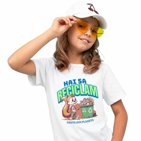 Tricou Femei, Barbati, Copii, Fata, Baiat, Unisex Personalizat Veveriță Tomberan cu Deseu Reciclat – Cadou Personalizat pentru Educație Ecologică [1]