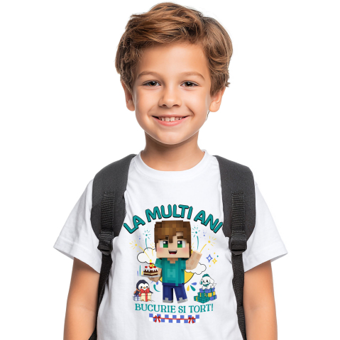 Aniversare - Tricou Copii cu Aniversare Plina de Creativitate cu Minecraft 100% Bumbac, Alb, 8 Ani