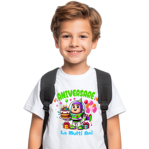 Desene Animate - Tricou Copii cu Aniversare Stelara cu Buzz Lightyear 100% Bumbac, Alb, 12 Ani