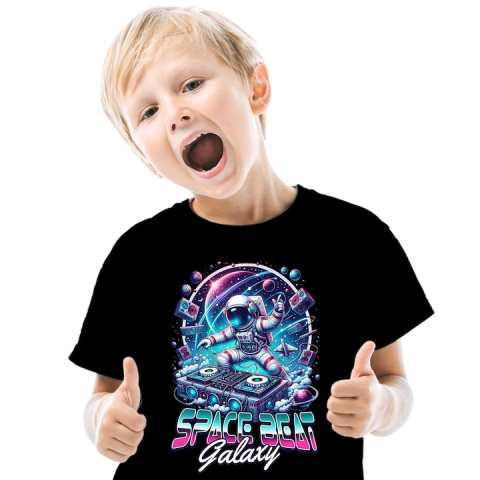 Tricou Copii cu Astronaut In Spatiu Petrecere Muzica Dj, Distractie, Univers Infinit cu imprimeu pe Fata, 100% Bumbac, Negru, 6 Ani [1]