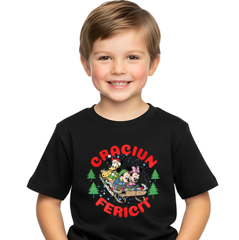 Tricouri - Tricou Copii cu Aventuri Minnie si Mickey Mouse in Spirit de Craciun 100% Bumbac, Negru, 12 Ani