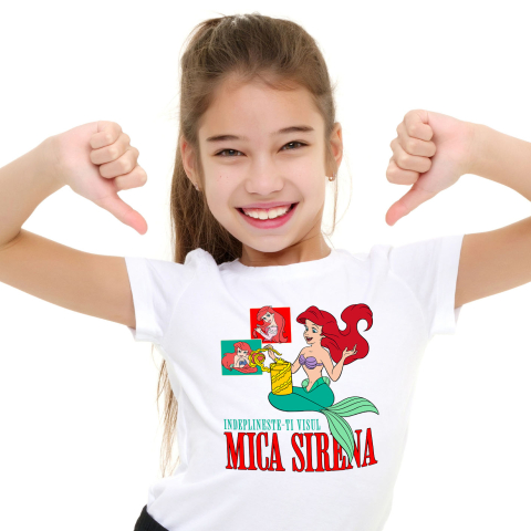 Tricouri - Tricou Copii cu Aventuri si Visuri cu Ariel Mica Sirena 100% Bumbac, Alb, 8 Ani