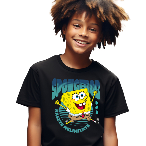 Desene Animate - Tricou Copii cu Aventurile Neasteptate ale lui SpongeBob in Lumea Subacvatica 100% Bumbac, Negru, 10 Ani