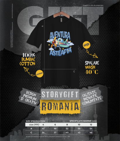 Tricou Femei, Barbati, Copii, Fata, Baiat, Unisex Personalizat Avion Colorat Animat Deasupra Norilor – Cadou Personalizat „Aventura Așteaptă” pentru Copii [5]