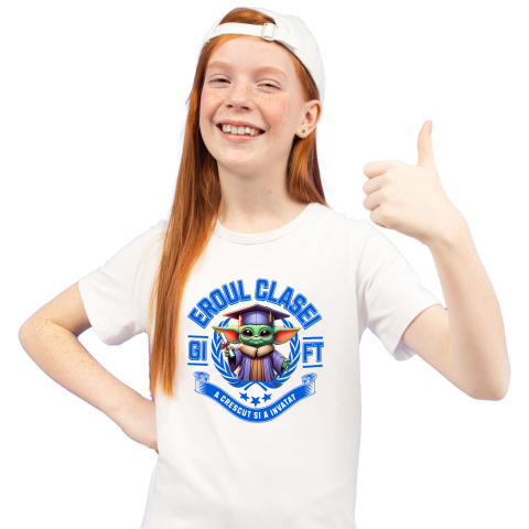 Educatie - Tricou Copii cu Baby Yoda – Invata, Zambeste, Castiga 100% Bumbac, Alb, 4 Ani