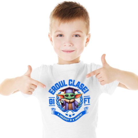 Tricou Copii cu Baby Yoda – Invata, Zambeste, Castiga 100% Bumbac, Alb, 4 Ani [1]