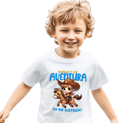Animale - Tricou Femei, Barbati, Copii, Fata, Baiat, Unisex Personalizat Tricou Personalizat Băiat Cowboy – "Pregătit de Aventură, Să Ne Distram" | Cadou Amuzant pentru Copii și Tati