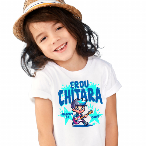 Tricou Femei, Barbati, Copii, Fata, Baiat, Unisex Personalizat Băiat Rockstar cu Chitara Roșie – Cadou Personalizat pentru Copii și Familie [1]