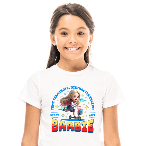 Educatie - Tricou Copii cu Barbie: Skateboard Si Zambete 100% Bumbac, Alb, 12 Ani