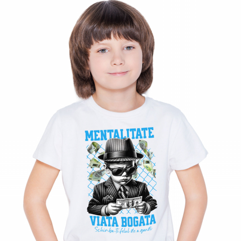 BANI - Tricou Femei, Barbati, Copii, Fata, Baiat, Unisex Personalizat Bebeluș în Costum Stil Mafiot cu Ochelari și Bancnotă – „Mentalitate Viață Bogată” – Cadou Personalizat pentru Familie, Tati, Copii, Prieteni