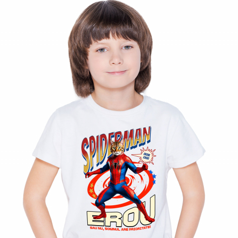 Tricou Femei, Barbati, Copii, Fata, Baiat, Unisex Personalizat Pisică Bengal în Costum Spider-Man cu Pelerină - Cadou Personalizat pentru Iubitorii de Pisici și Copii