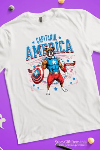 Tricou Femei, Barbati, Copii, Fata, Baiat, Unisex Personalizat Boxer în Costum Captain America cu Pelerină - Cadou Personalizat pentru Copii și Iubitorii de Câini [2]