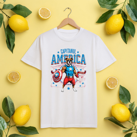 Tricou Femei, Barbati, Copii, Fata, Baiat, Unisex Personalizat Boxer în Costum Captain America cu Pelerină - Cadou Personalizat pentru Copii și Iubitorii de Câini [4]