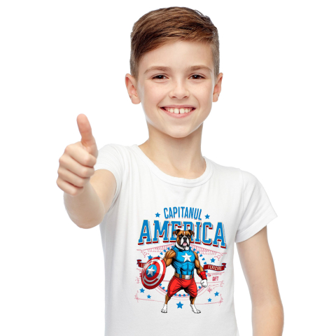 SuperEroi si Personaje TV - Tricou Femei, Barbati, Copii, Fata, Baiat, Unisex Personalizat Boxer în Costum Captain America cu Pelerină - Cadou Personalizat pentru Copii și Iubitorii de Câini