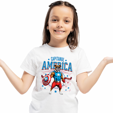 Tricou Femei, Barbati, Copii, Fata, Baiat, Unisex Personalizat Boxer în Costum Captain America cu Pelerină - Cadou Personalizat pentru Copii și Iubitorii de Câini [1]