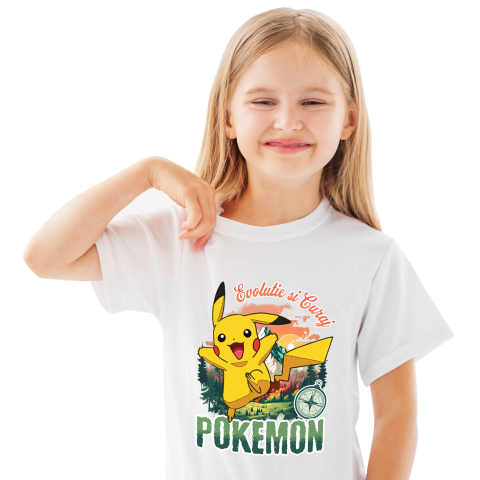 Tricou Copii cu Busola Fericirii si Pokemon: Drumul Spre Munte 100% Bumbac, Alb, 10 Ani [1]