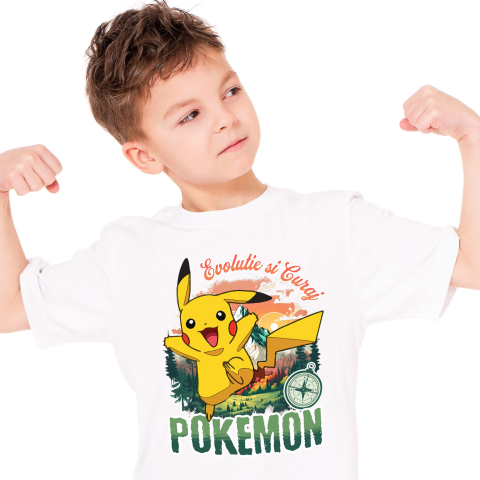 Tricouri - Tricou Copii cu Busola Fericirii si Pokemon: Drumul Spre Munte 100% Bumbac, Alb, 10 Ani