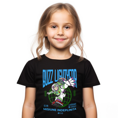 Tricouri - Tricou Copii cu Buzz Lightyear in Actiune 100% Bumbac, Negru, 8 Ani