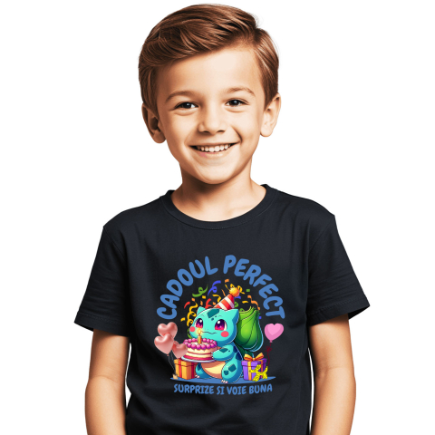 Tricou Copii cu Cadou Bulbasaur – Tort si Bucurie pentru Ziua de Nastere 100% Bumbac, Negru, 10 Ani [1]