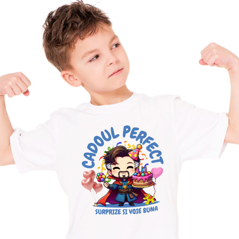 Aniversare - Tricou Copii cu Cadou si Tort Doctor Strange – Bucurie la Aniversare 100% Bumbac, Alb, 10 Ani