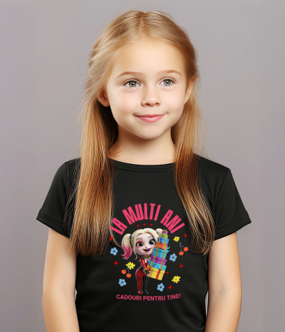 Tricou Copii cu Cadouri Harley Quinn pentru Aniversari si Zile de Nastere 100% Bumbac, Negru, 10 Ani [2]