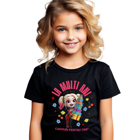 Aniversare - Tricou Copii cu Cadouri Harley Quinn pentru Aniversari si Zile de Nastere 100% Bumbac, Negru, 10 Ani