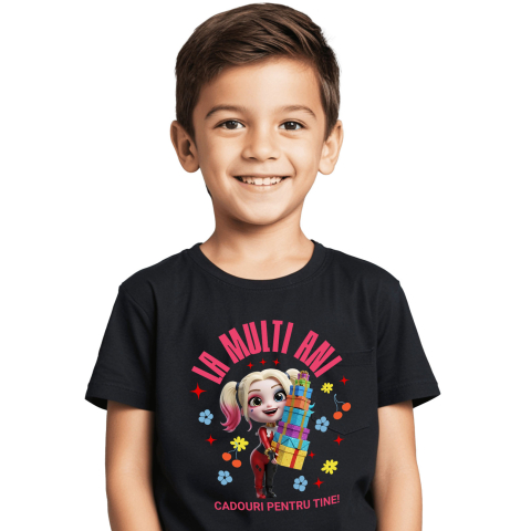 Tricou Copii cu Cadouri Harley Quinn pentru Aniversari si Zile de Nastere 100% Bumbac, Negru, 10 Ani [1]