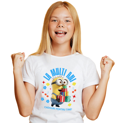 Aniversare - Tricou Copii cu Cadouri Minions pentru Zi de Nastere Speciala 100% Bumbac, Alb, 12 Ani