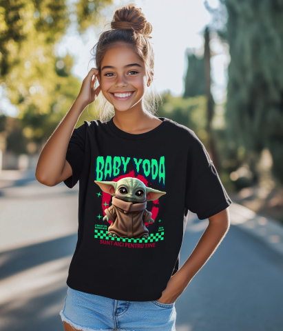 Tricou Copii cu Cadru Baby Yoda Aventuri Disney 100% Bumbac, Negru, 12 Ani [3]