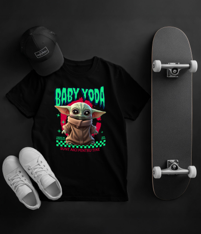 Tricou Copii cu Cadru Baby Yoda Aventuri Disney 100% Bumbac, Negru, 12 Ani [4]