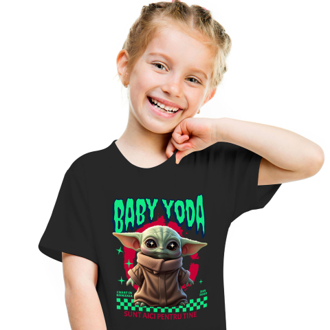 Tricou Copii cu Cadru Baby Yoda Aventuri Disney 100% Bumbac, Negru, 12 Ani [1]