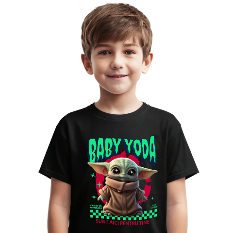 Tricouri - Tricou Copii cu Cadru Baby Yoda Aventuri Disney 100% Bumbac, Negru, 12 Ani