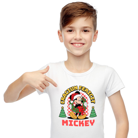Tricouri - Tricou Copii cu Cadru Mickey Mouse Poveste de Craciun 100% Bumbac, Alb, 10 Ani