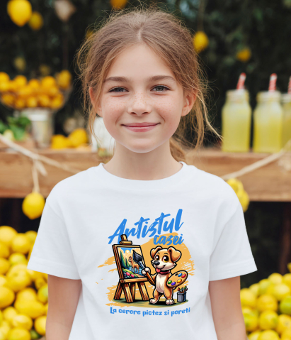 Tricou Femei, Barbati, Copii, Fata, Baiat, Unisex Personalizat „Câine Artist Tablou Canvas – Artistul Casei La Cerere – Pictură Personalizată Perete” [2]