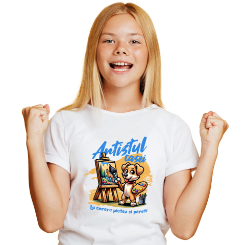 Caini - Tricou Femei, Barbati, Copii, Fata, Baiat, Unisex Personalizat „Câine Artist Tablou Canvas – Artistul Casei La Cerere – Pictură Personalizată Perete”