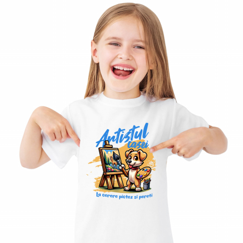 CAINE - Tricou Femei, Barbati, Copii, Fata, Baiat, Unisex Personalizat „Câine Artist Tablou Canvas – Artistul Casei La Cerere – Pictură Personalizată Perete”