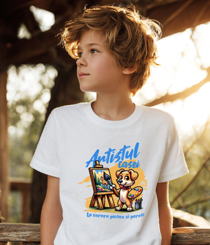 Tricou Femei, Barbati, Copii, Fata, Baiat, Unisex Personalizat „Câine Artist Tablou Canvas – Artistul Casei La Cerere – Pictură Personalizată Perete” [3]