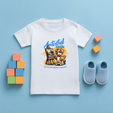 Tricou Femei, Barbati, Copii, Fata, Baiat, Unisex Personalizat „Câine Artist Tablou Canvas – Artistul Casei La Cerere – Pictură Personalizată Perete” [4]
