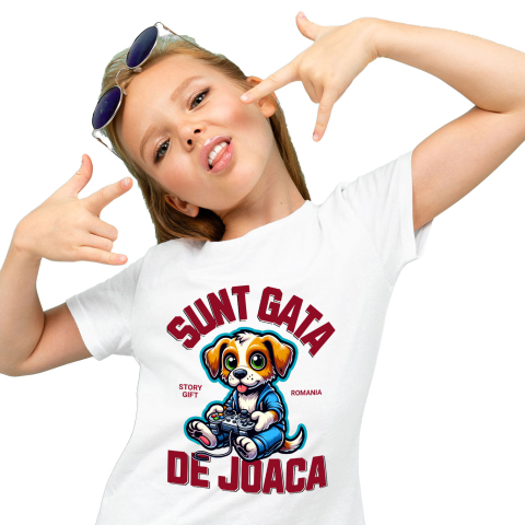 Lume Digitala - Tricou Femei, Barbati, Copii, Fata, Baiat, Unisex Personalizat Câine cu Manetă Jocuri Video „Sunt Gata de Joacă” - Cadou Personalizat pentru Familie și Prieteni