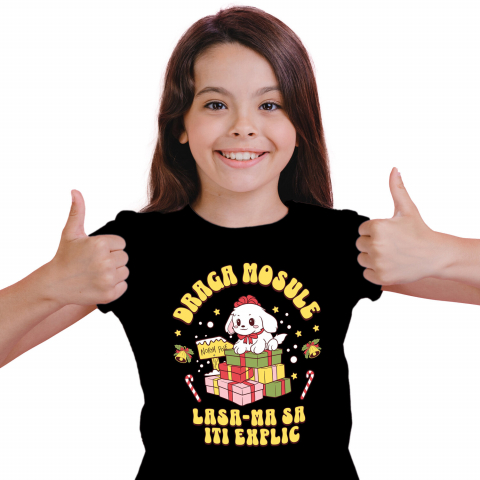 Tricou Femei, Barbati, Copii, Fata, Baiat, Unisex Personalizat Câine Fericit Lângă Turn de Cadouri – „Draga Moșule, Lasă-mă să Îți Explic” [1]