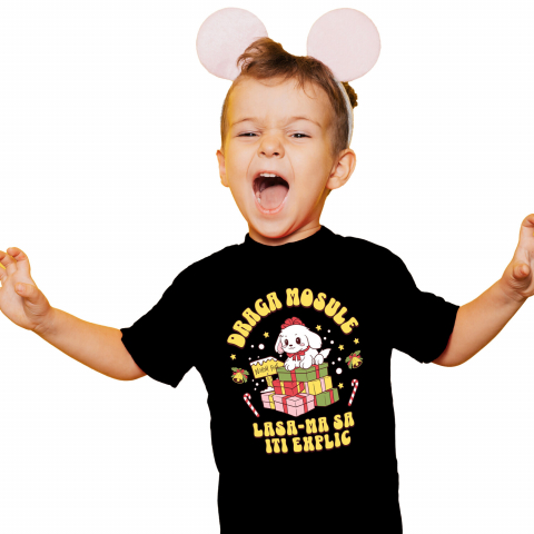 CRACIUN - Tricou Femei, Barbati, Copii, Fata, Baiat, Unisex Personalizat Câine Fericit Lângă Turn de Cadouri – „Draga Moșule, Lasă-mă să Îți Explic”